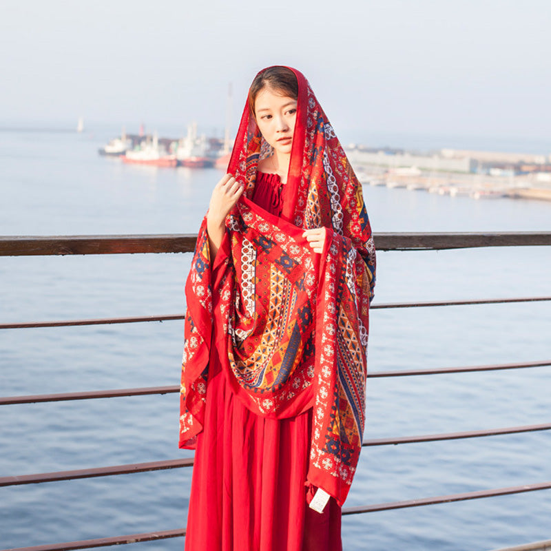 Printed Fringed Cotton And Linen Scarf