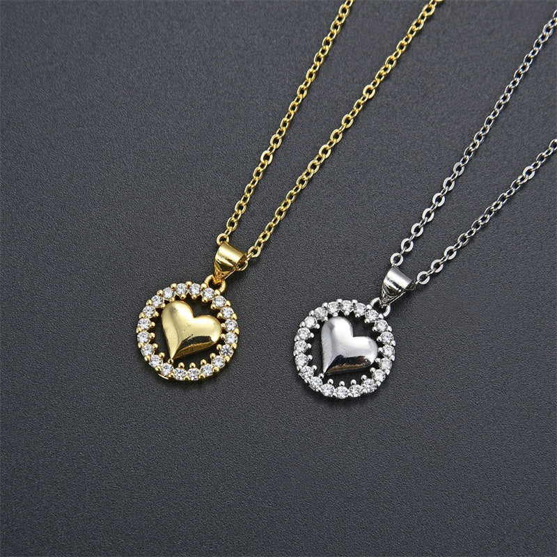 Hollowed-out Heart With Diamond Pendant Clavicle Necklace
