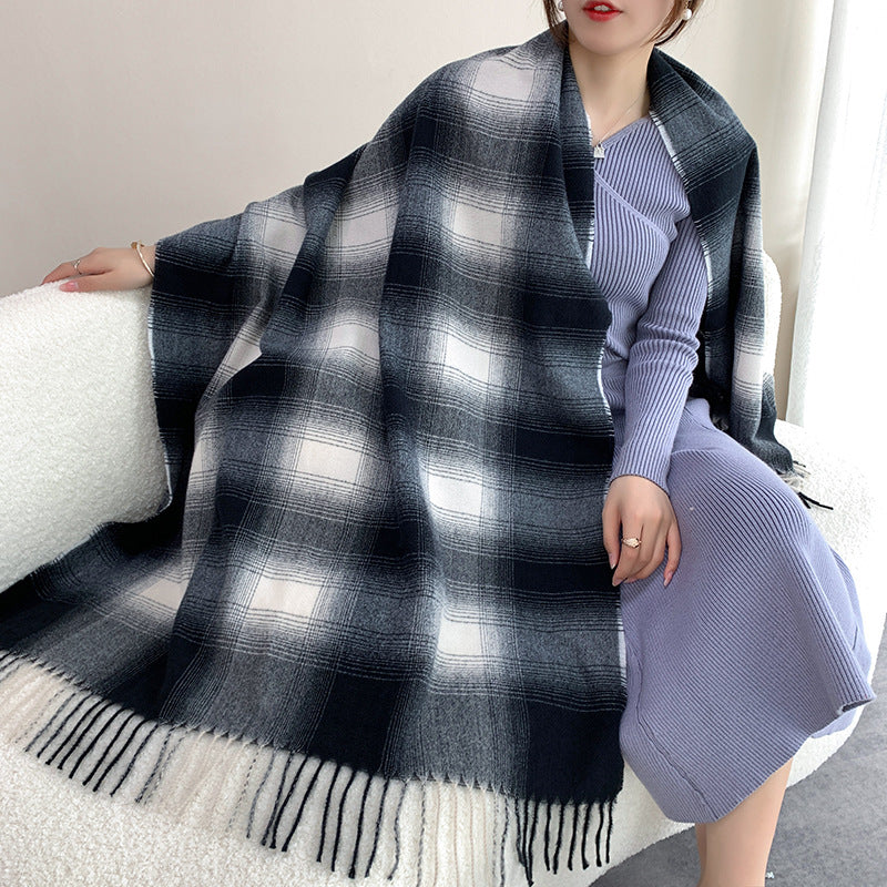 Women Gradient Plaid Fringe Windproof Warm Scarf