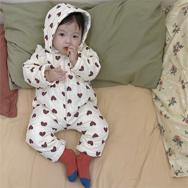 Baby Girl Long Sleeve Warm Thick Lace Hooded Onesie Clothing in Winter