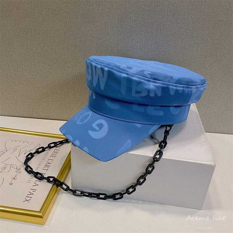 Vintage Glossy Letter Print Hat With Chain