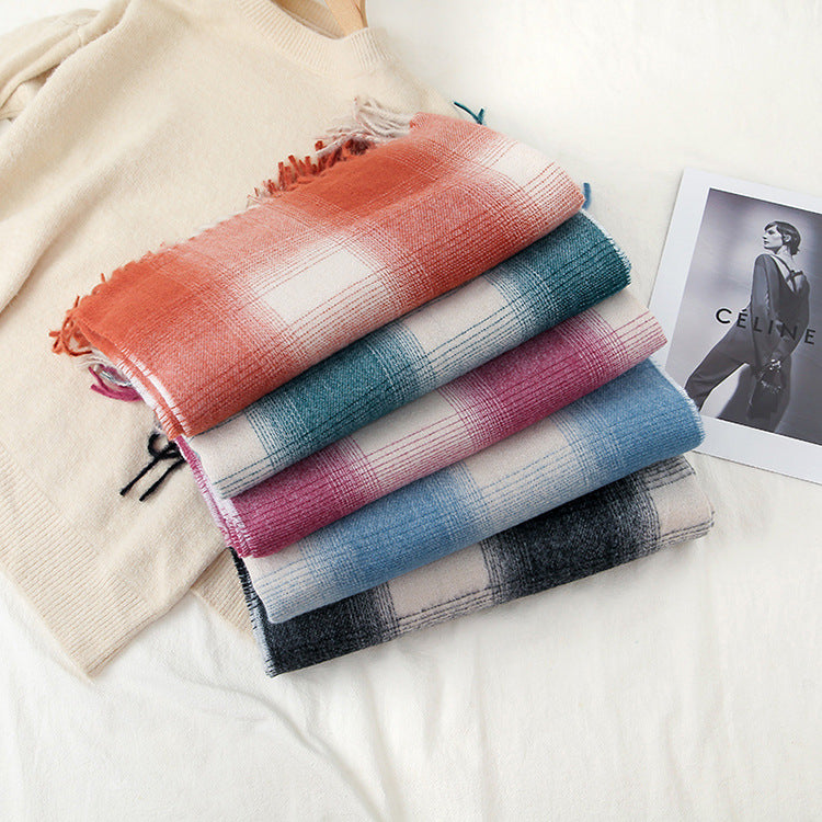 Women Gradient Plaid Fringe Windproof Warm Scarf