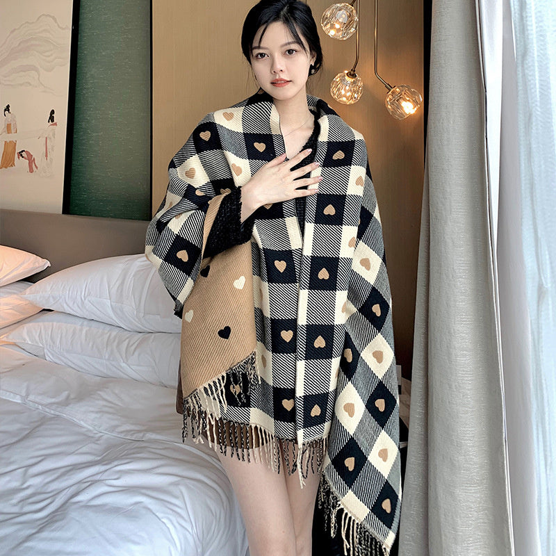 Warm Plaid Scarf With Thick Tassels