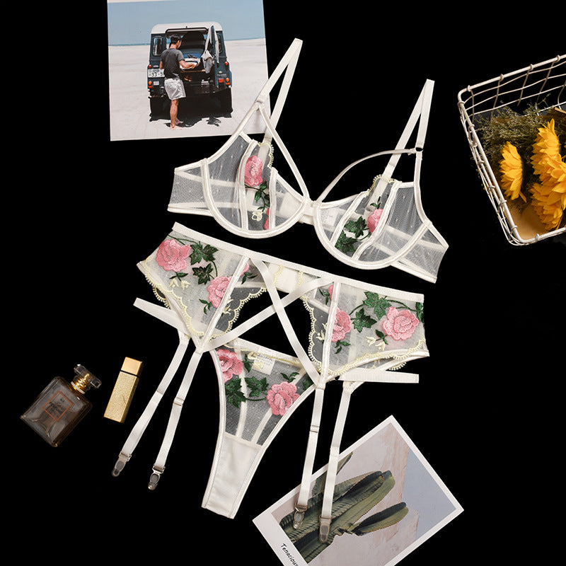 Sexy Lace Floral Embroidery Mesh Bra Set