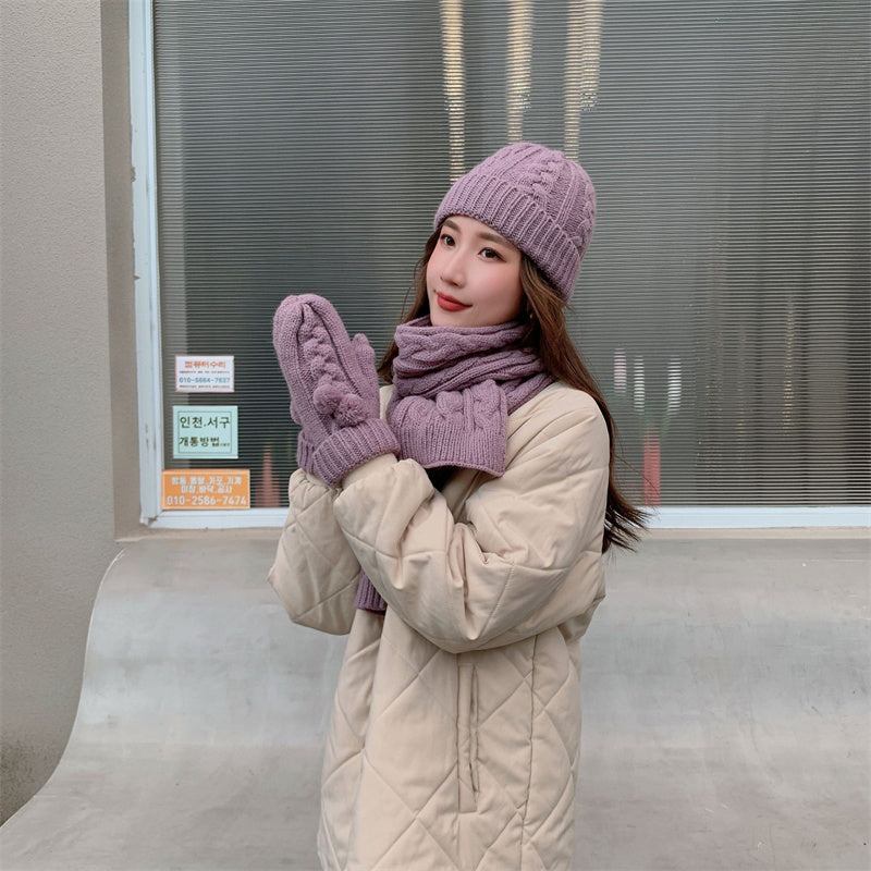 Scarf, gloves and hat three-piece set with thickened warm knitted scarf for autumn and winter