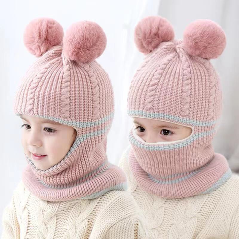 Cute Protective Face Neck Knit Warm Plush Winter Hat For Childen