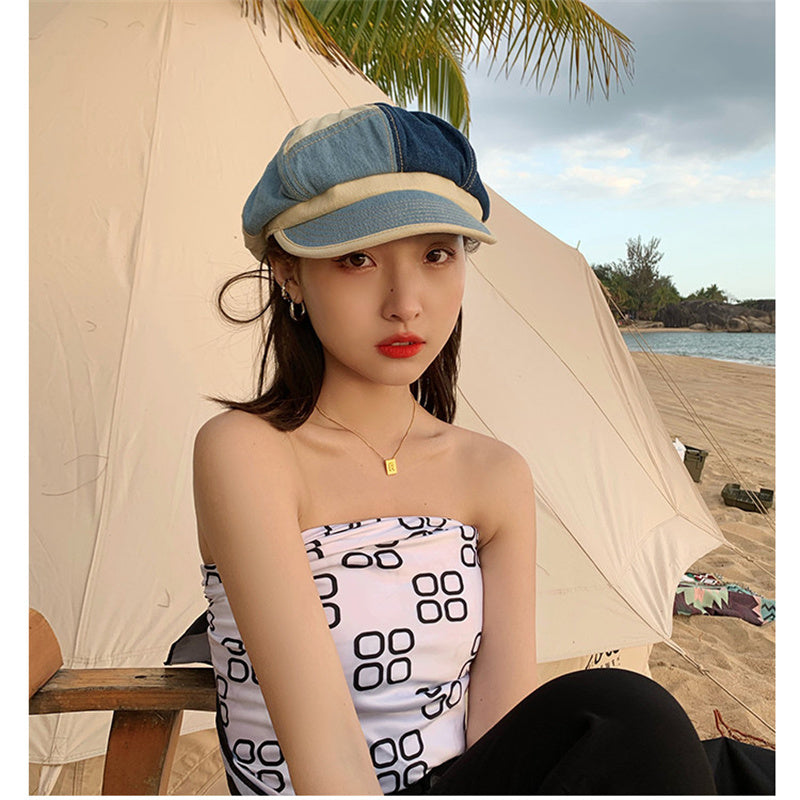 Spring/summer Blue British Retro Patchwork Beret