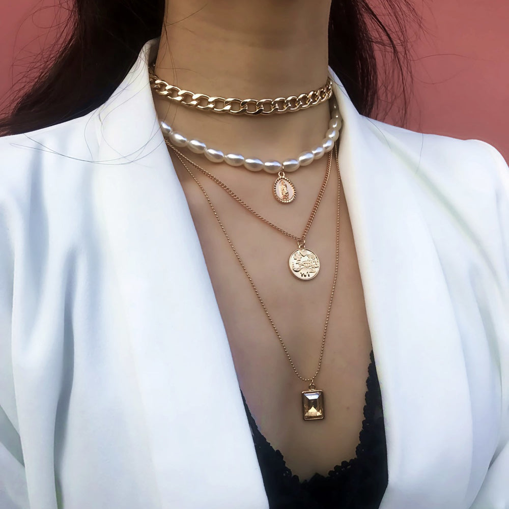 Multilayer Retro Gemstone Pearl Necklace
