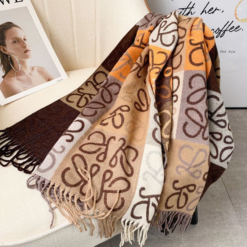 Women Check Color-block Tassel Warm Scarf