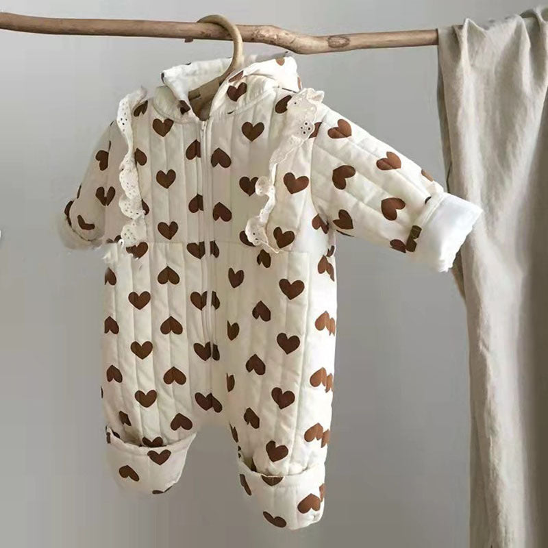 Baby Girl Long Sleeve Warm Thick Lace Hooded Onesie Clothing in Winter
