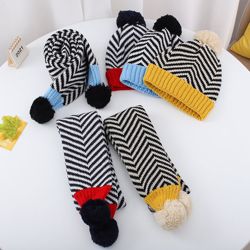 Two-piece Children's Striped Warm Scarf And Hat