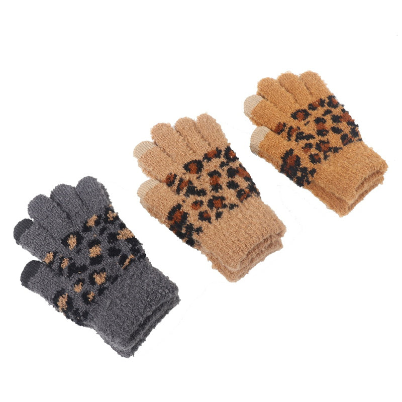 Children's Leopard Print Knitted Hat Scarf Gloves Warm Set