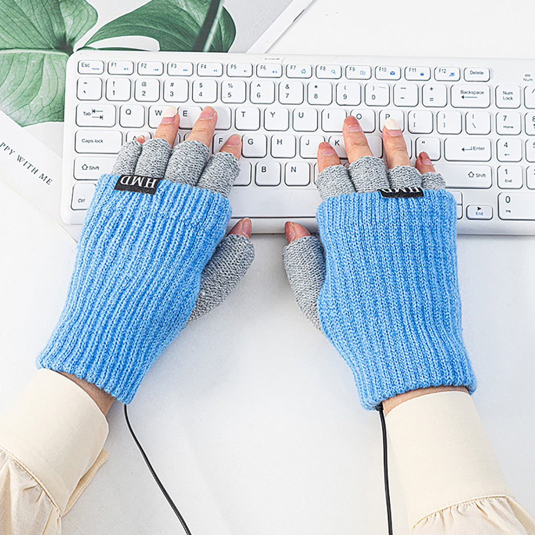 Winter USB Charging Half-Finger Knitted Gloves