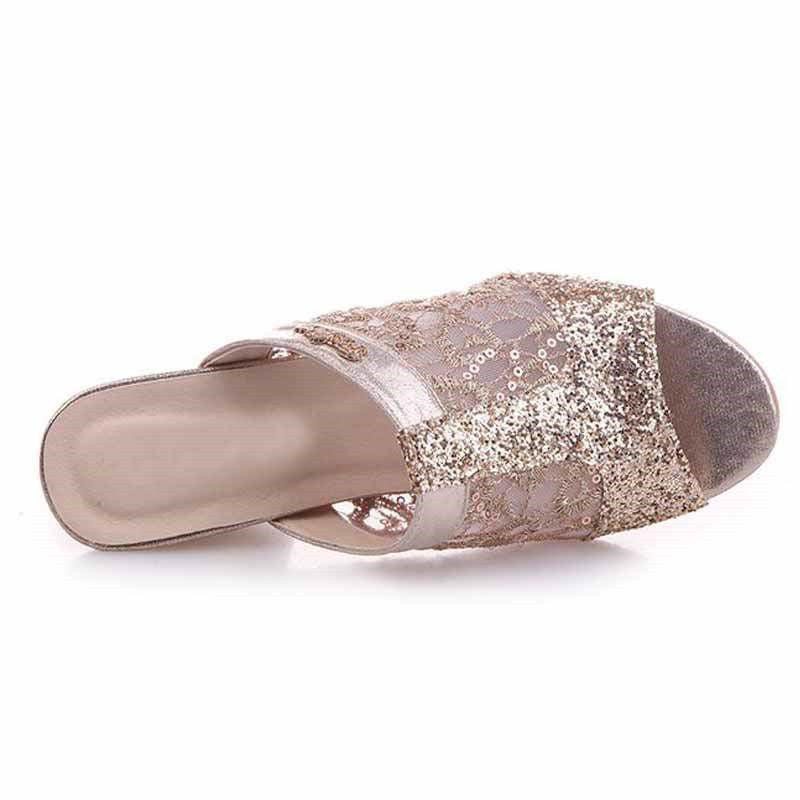 Net Yarn Thick Heel Sandals