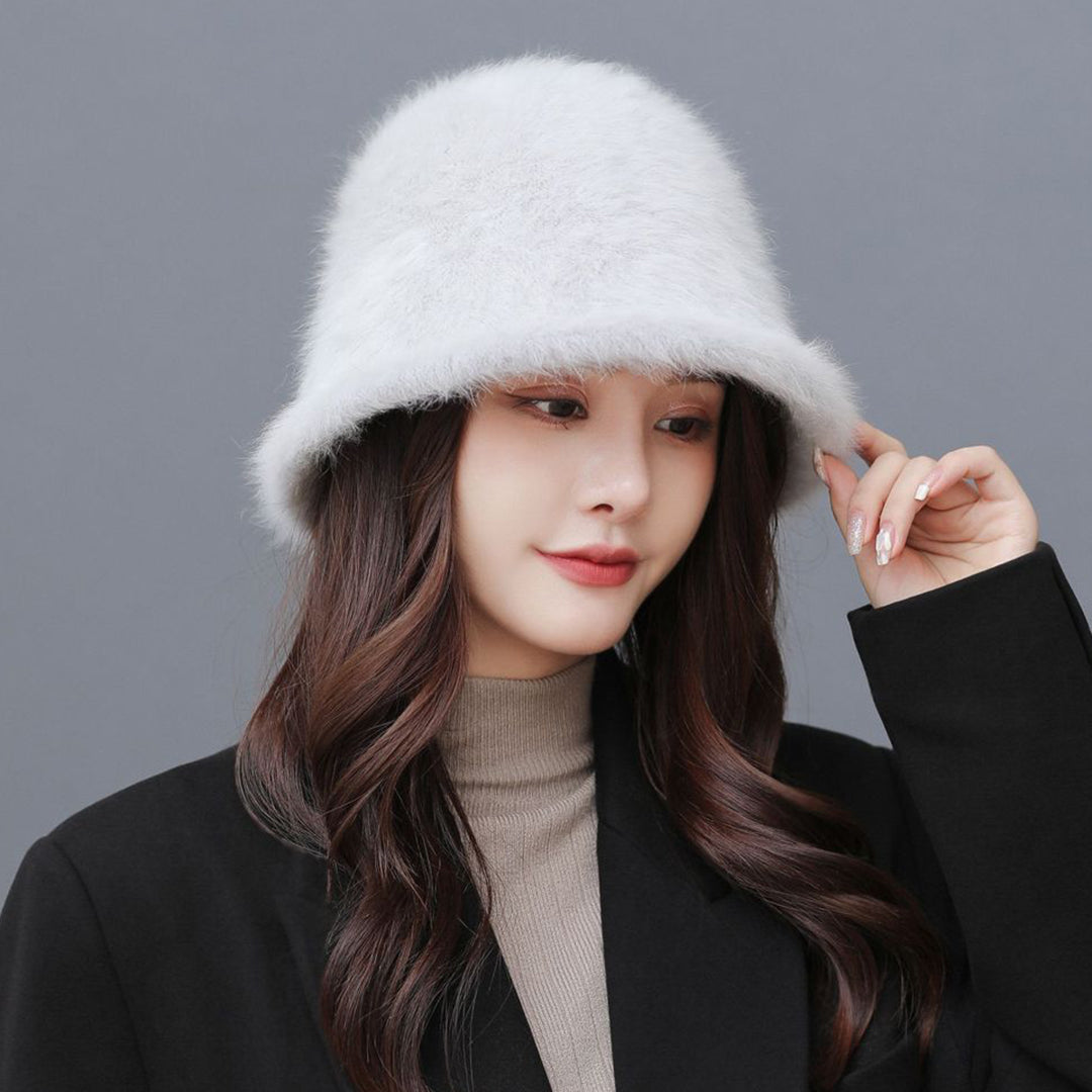 Female Solid Color Fluffy Bucket  Hat