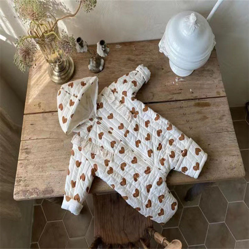 Baby Girl Long Sleeve Warm Thick Lace Hooded Onesie Clothing in Winter