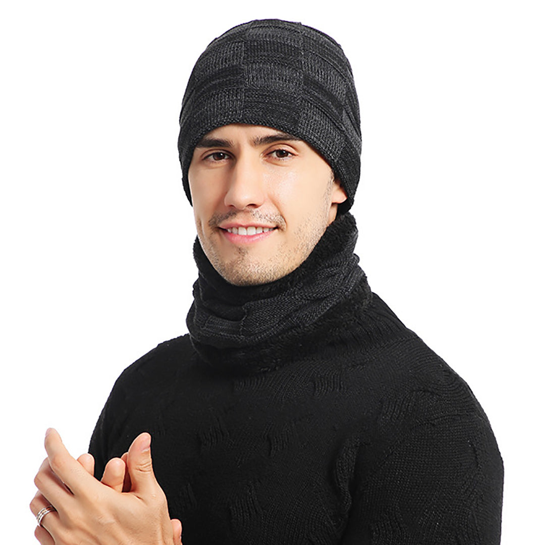 Stylish Men Fluffy Knitted  Hat &  Scarf For Cold Winter