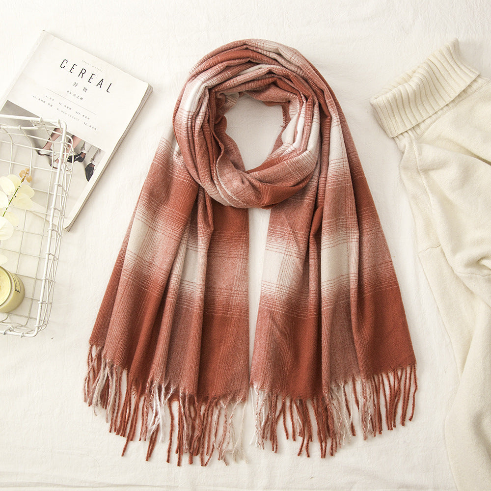 Women Gradient Plaid Fringe Windproof Warm Scarf