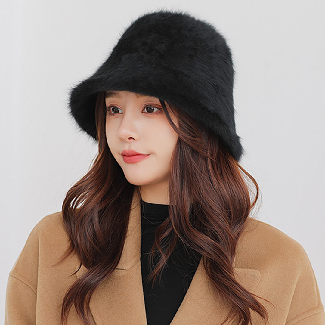 Female Solid Color Fluffy Bucket  Hat