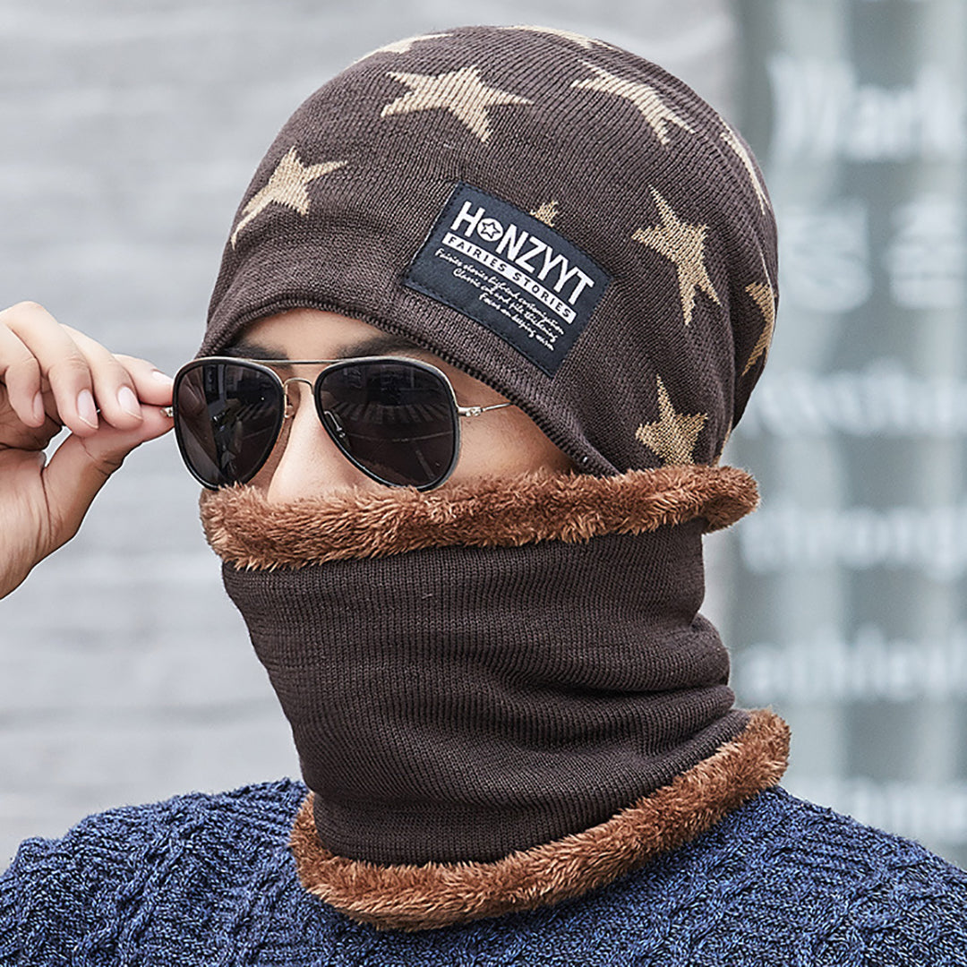 Men's Casual Knitted Hat Two-Piece Suit With Scarf