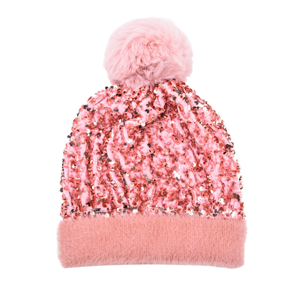 Winter Sequins Removable Wool Tuft Thick Plush Warm Knit Hat