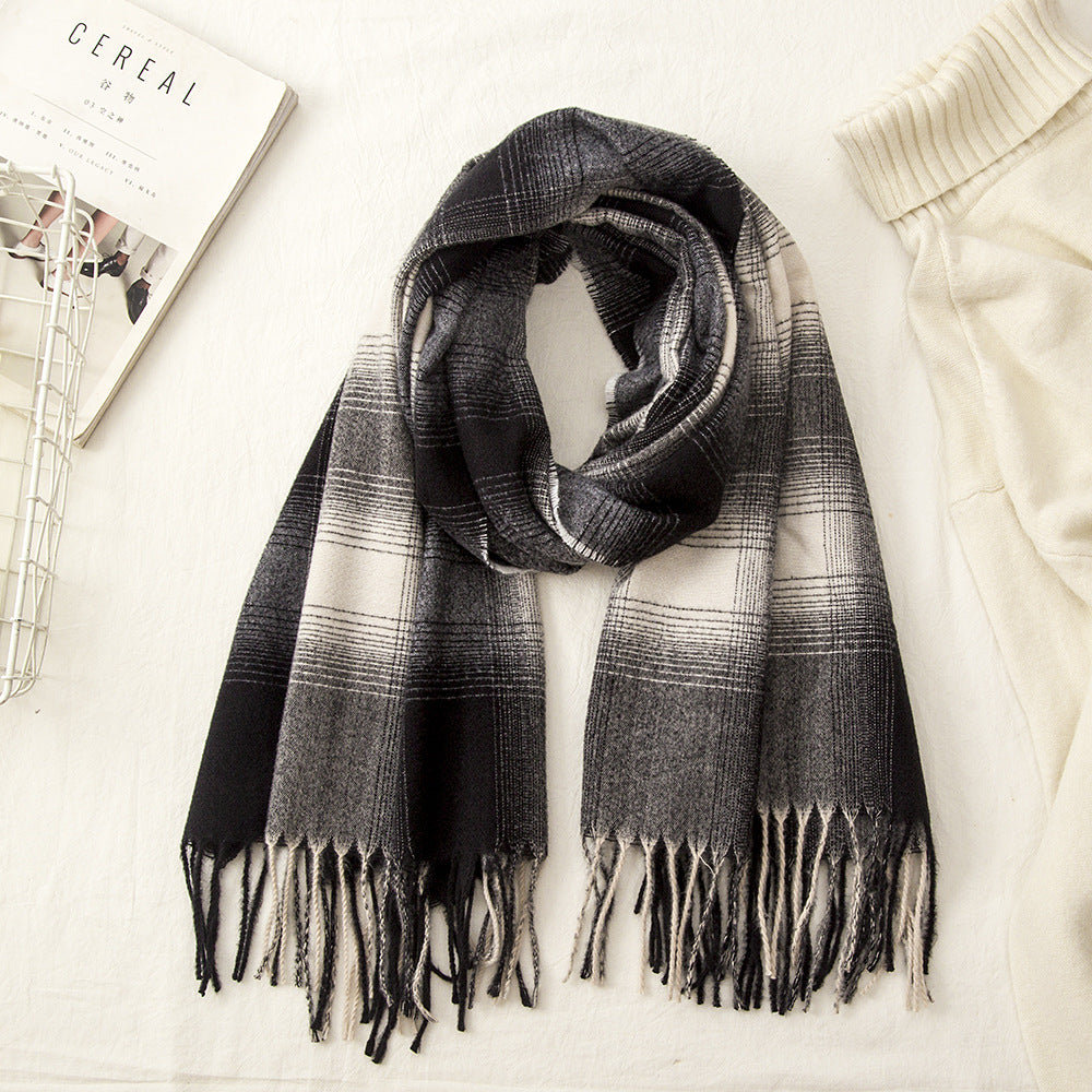 Women Gradient Plaid Fringe Windproof Warm Scarf