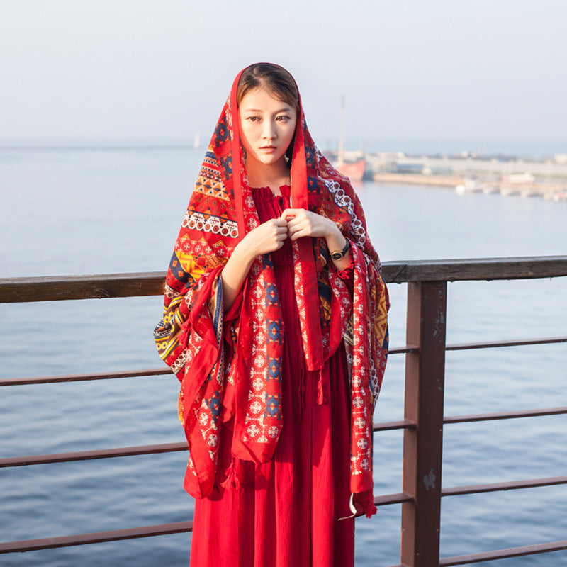 Printed Fringed Cotton And Linen Scarf
