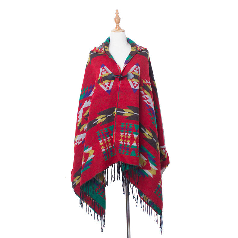 Plaid Horn Buckle Hooded Cloak Bohemian Shawl