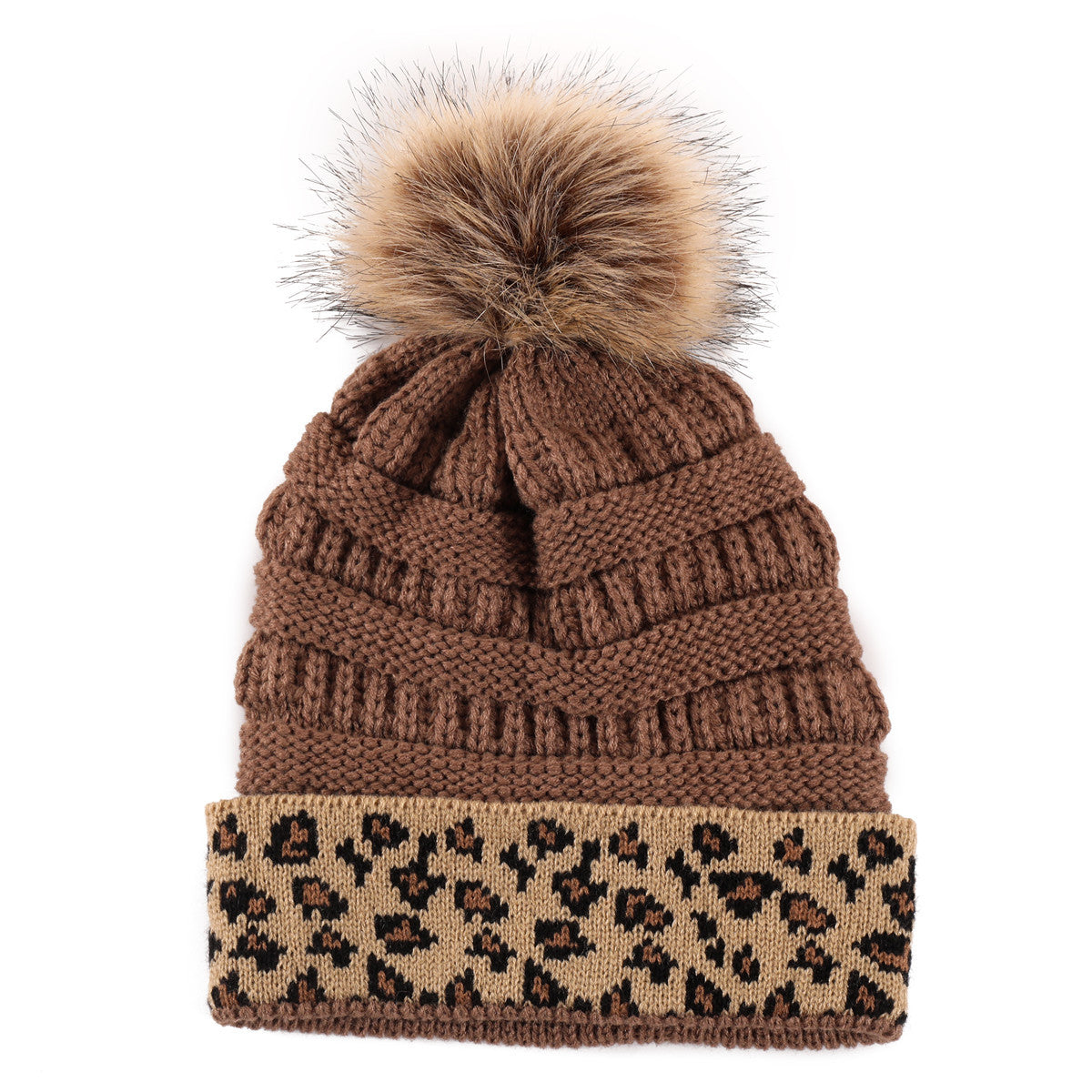 Leopard-print Curled Knitted Pile Hat with Hairball