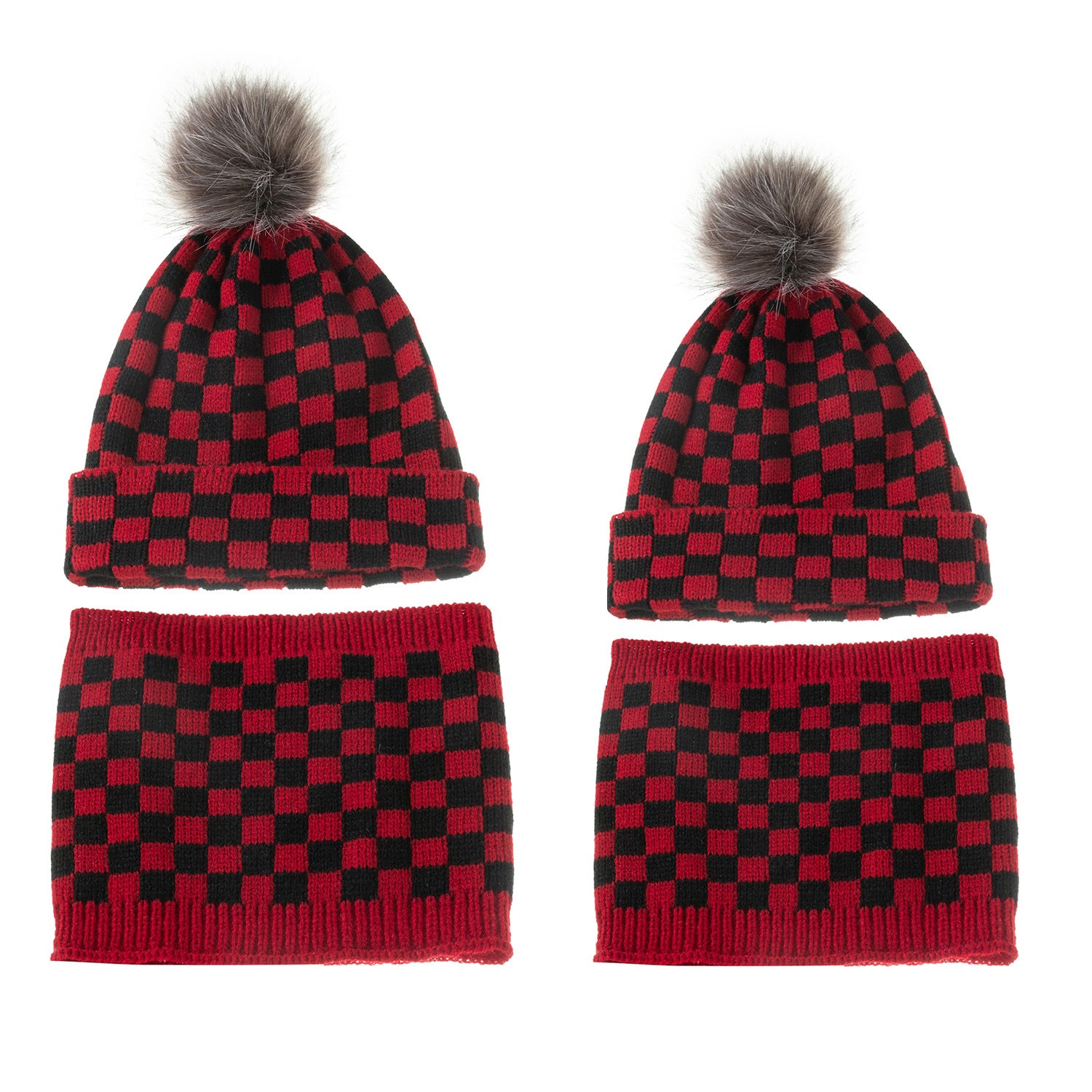 2PCS Parent-child Plaid Knitted Hat Scarf Set