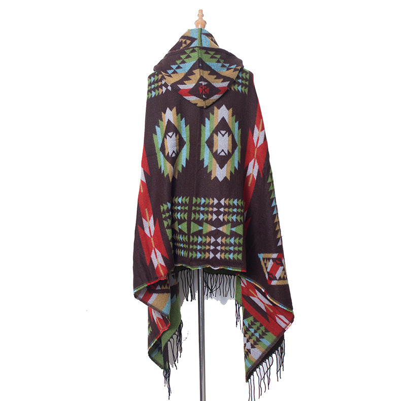 Plaid Horn Buckle Hooded Cloak Bohemian Shawl