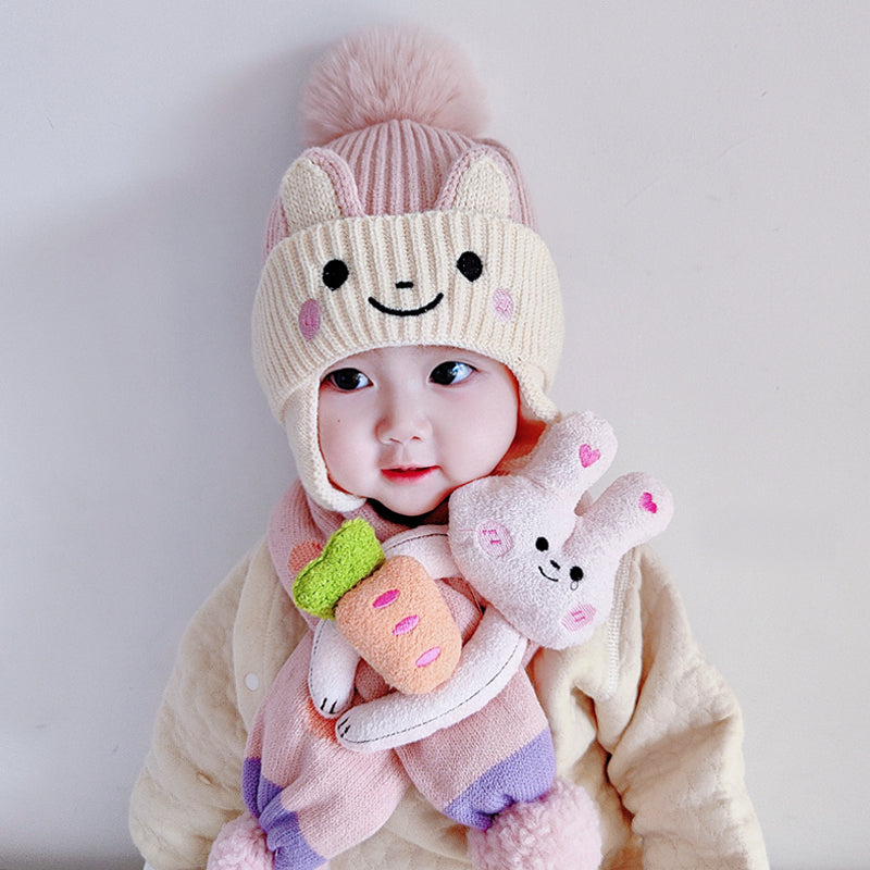 Winter Warm Eear Protection Cute Children's Knitted Hat And Scarf Set