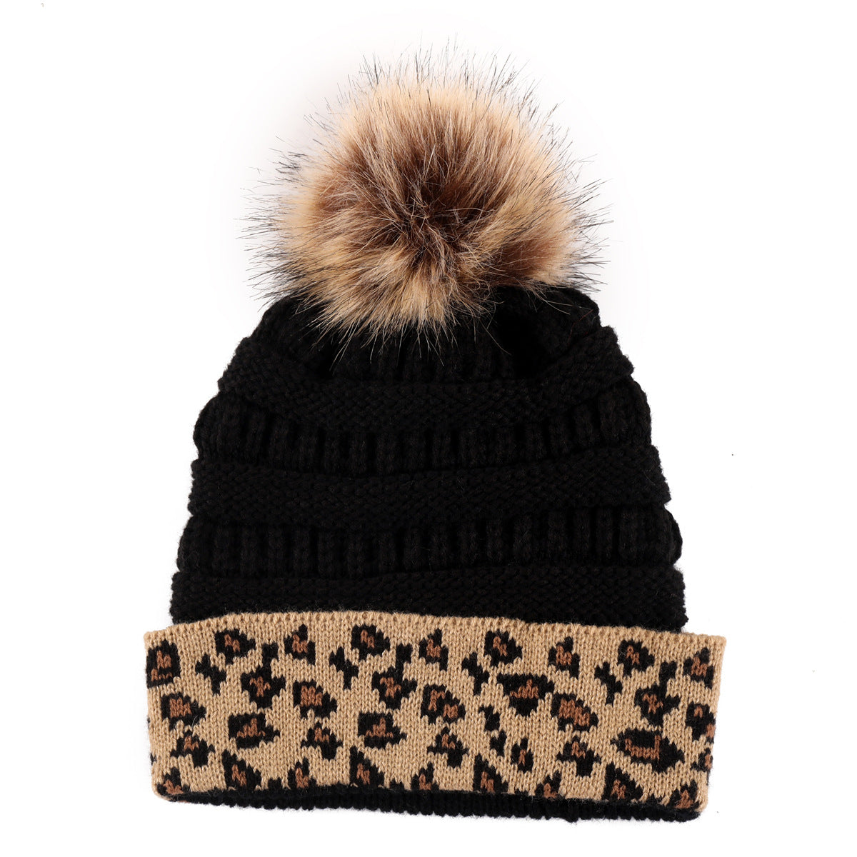 Leopard-print Curled Knitted Pile Hat with Hairball
