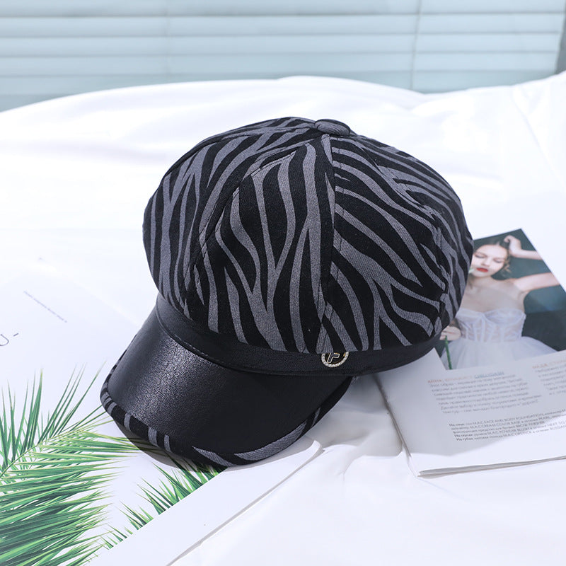 PU Breathable Hat Zebra Print Berets Cap