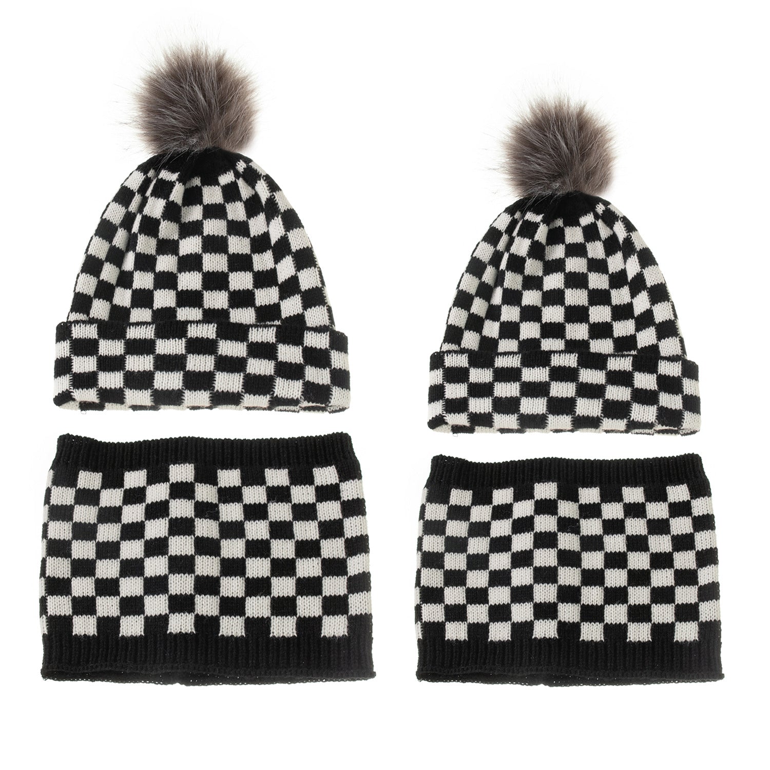 2PCS Parent-child Plaid Knitted Hat Scarf Set