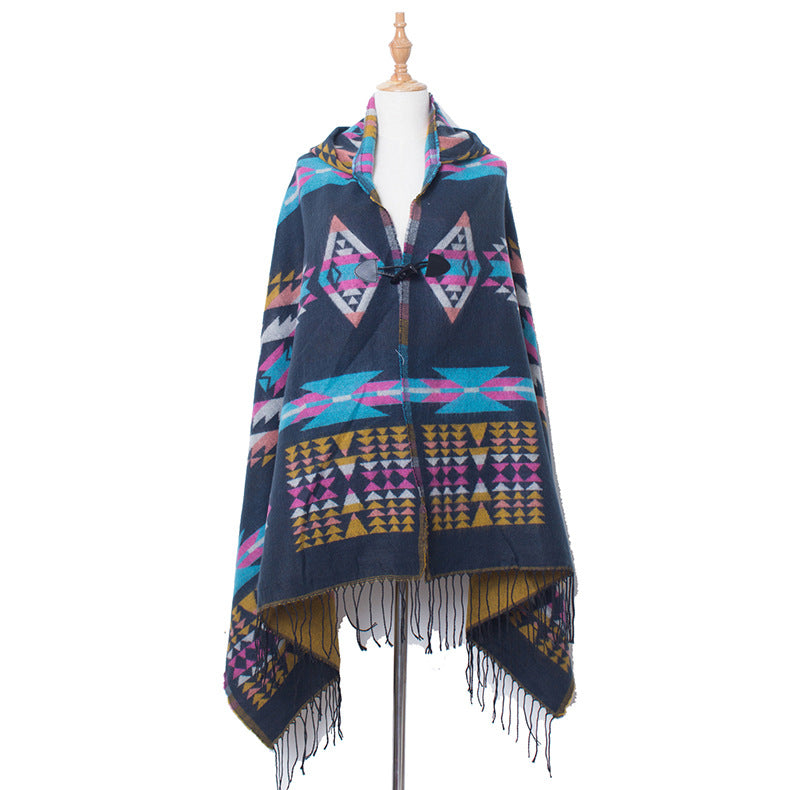 Plaid Horn Buckle Hooded Cloak Bohemian Shawl