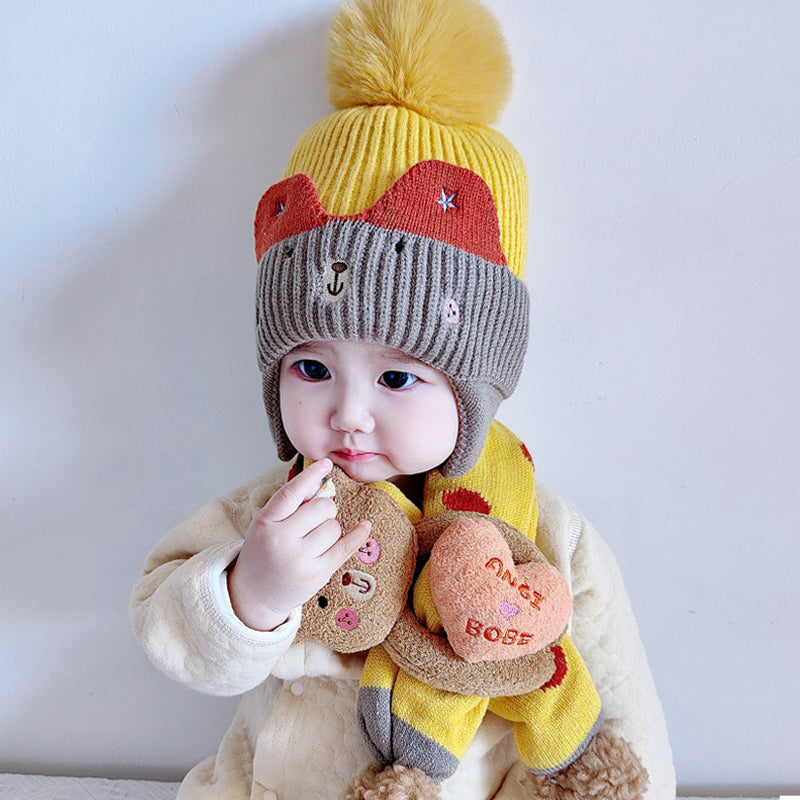 Winter Warm Eear Protection Cute Children's Knitted Hat And Scarf Set