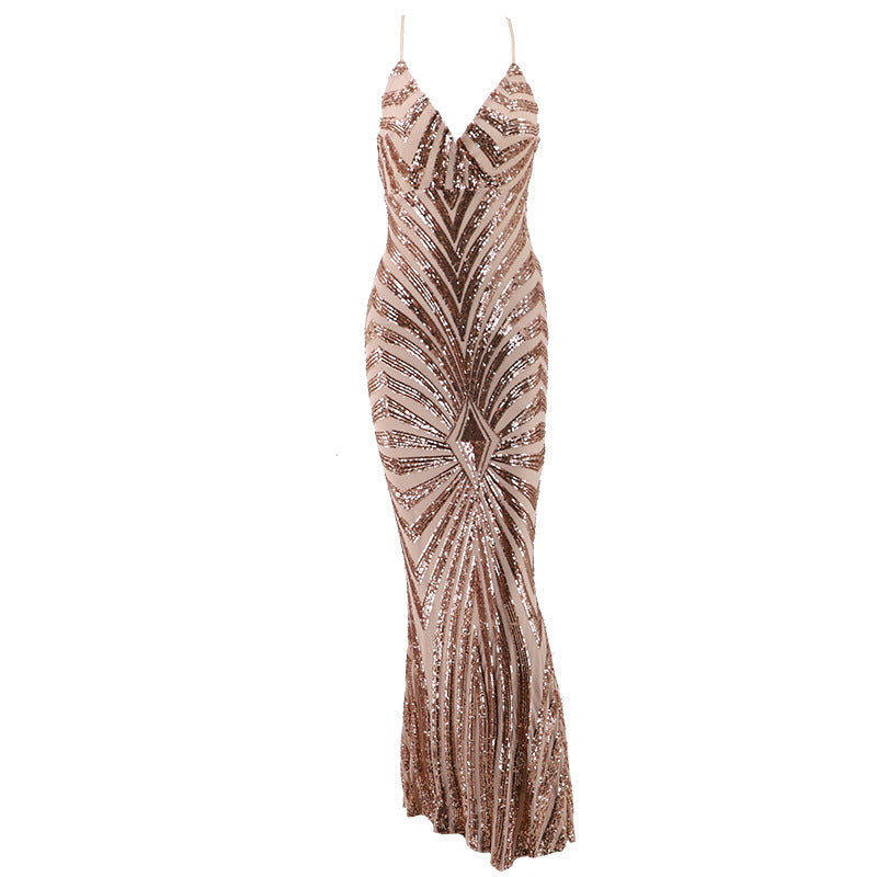 Sexy V-Neck Backless Sequin Evening Dress For Party