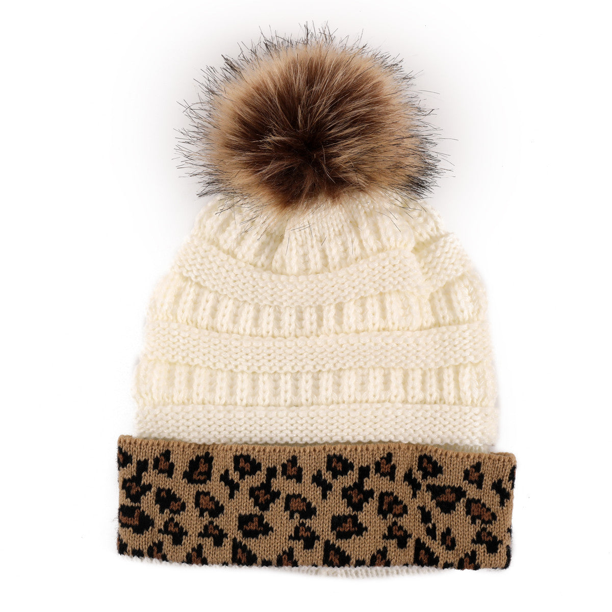 Leopard-print Curled Knitted Pile Hat with Hairball