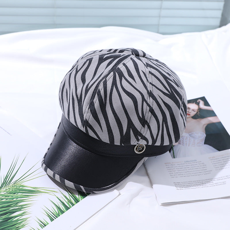 PU Breathable Hat Zebra Print Berets Cap