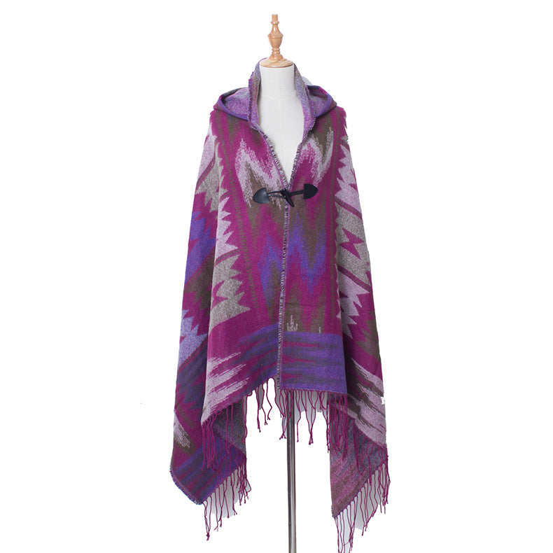 Plaid Horn Buckle Hooded Cloak Bohemian Shawl