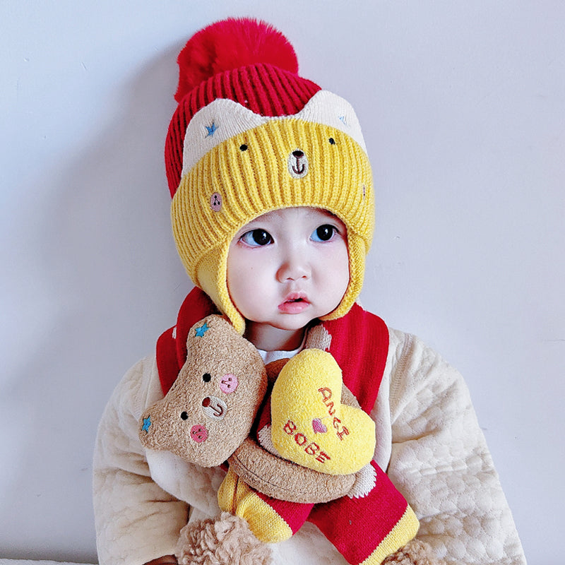 Winter Warm Eear Protection Cute Children's Knitted Hat And Scarf Set