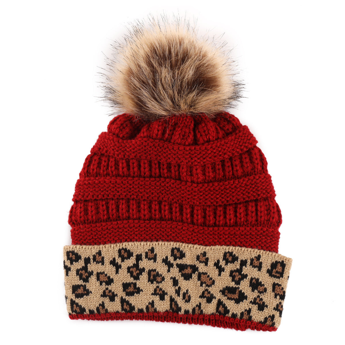Leopard-print Curled Knitted Pile Hat with Hairball