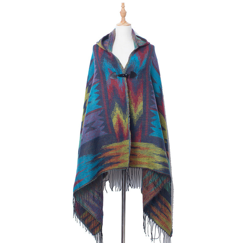 Plaid Horn Buckle Hooded Cloak Bohemian Shawl