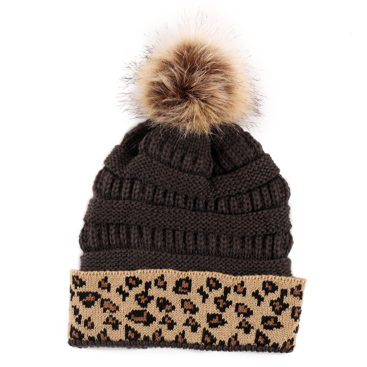 Leopard-print Curled Knitted Pile Hat with Hairball
