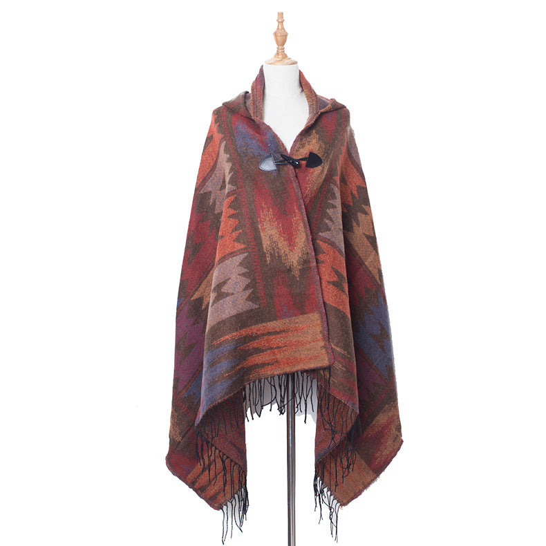 Plaid Horn Buckle Hooded Cloak Bohemian Shawl