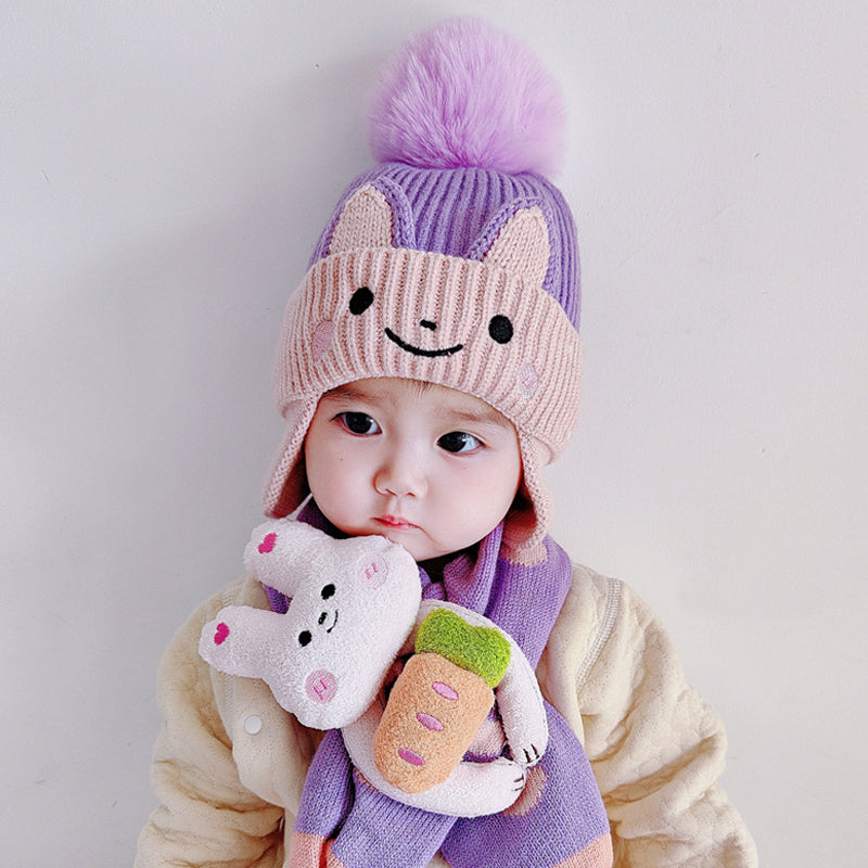 Winter Warm Eear Protection Cute Children's Knitted Hat And Scarf Set