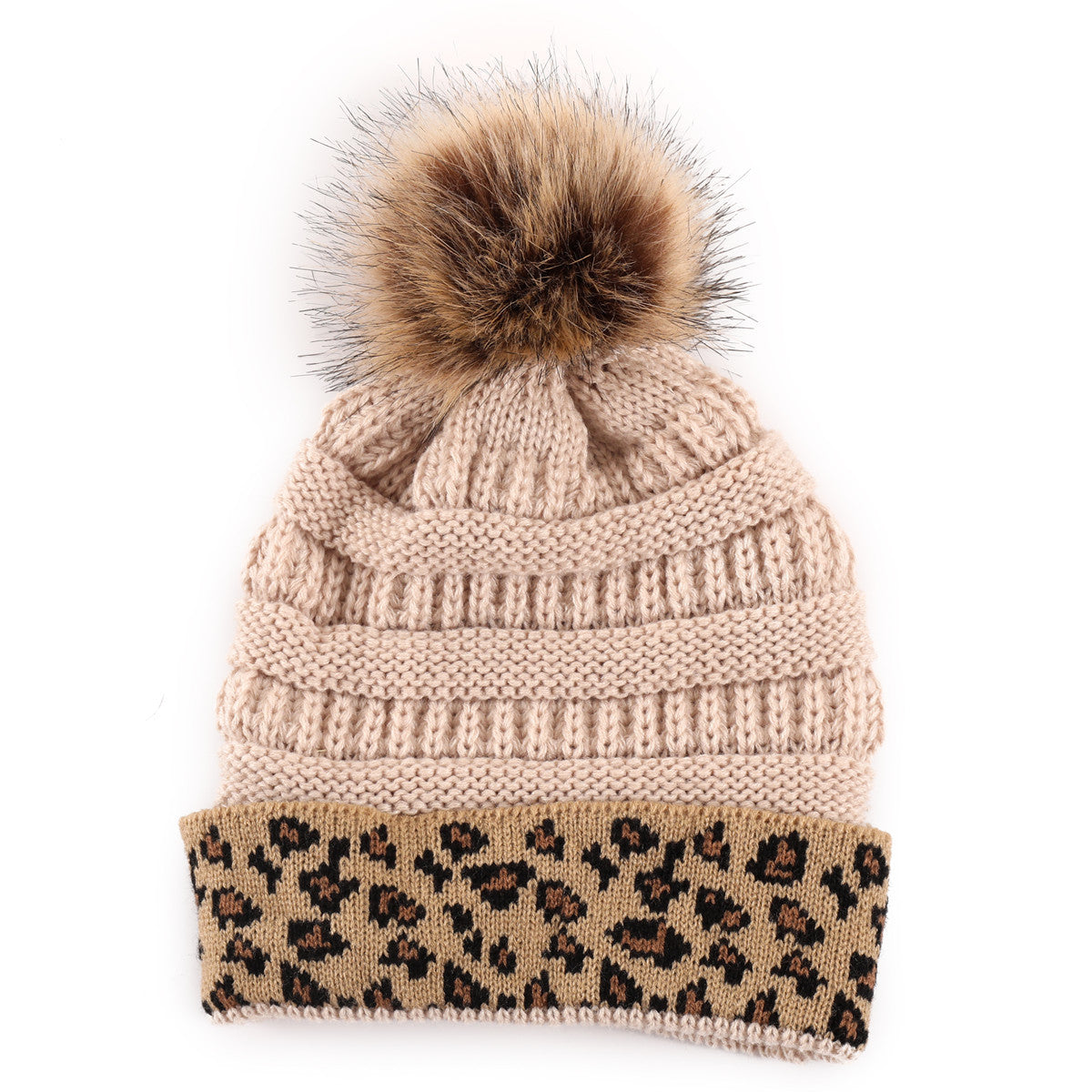 Leopard-print Curled Knitted Pile Hat with Hairball