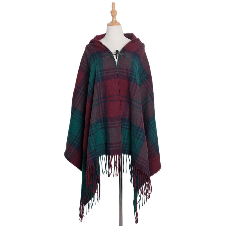 Plaid Horn Buckle Hooded Cloak Bohemian Shawl