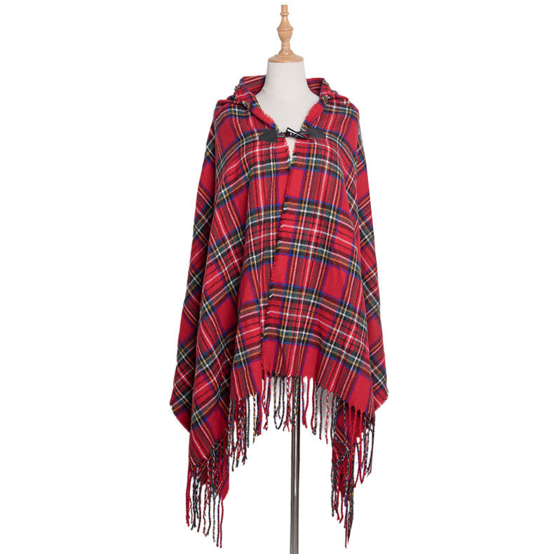 Plaid Horn Buckle Hooded Cloak Bohemian Shawl